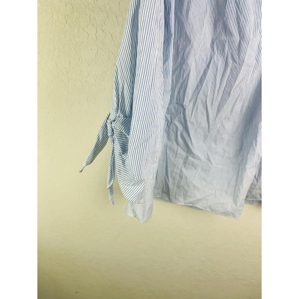 DO+BE Blue White Stripe Off Shoulder Blouse Tie Sleeve Balloon Hem Size Small - Picture 5 of 9